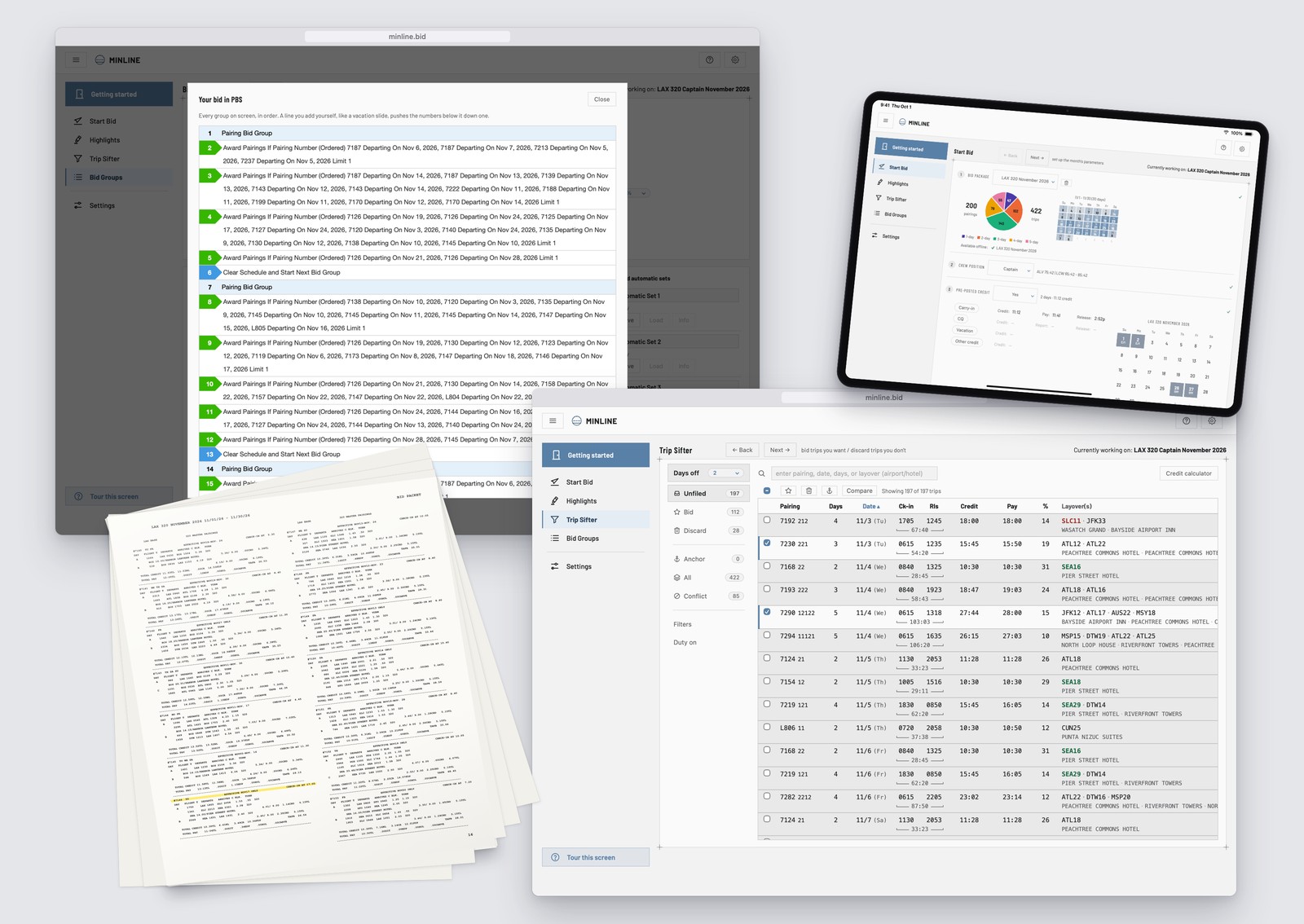 MinLine Preview PBS bid and Trip Sifter, with Start Bid on an iPad, over a paper bid packet screenshot